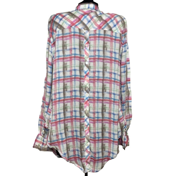 We The Free Women's Button Down Shirt Pink Blue Plaid Top Medium Long Sleeves - Picture 9 of 12